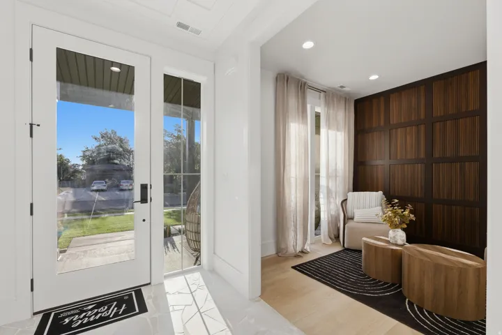 White double entry doors with transom window