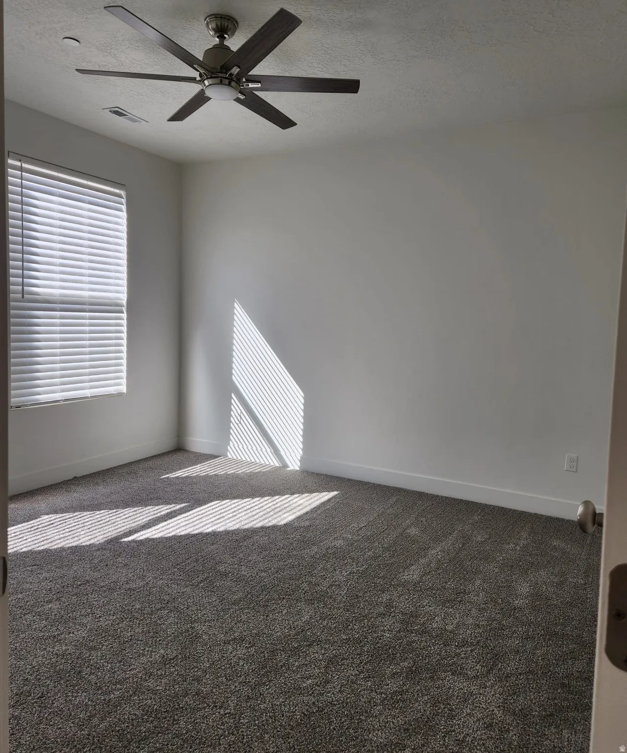 Spacious room on the 1st floor, could be used as an office or a 4th bedroom. featuring a ceiling fan with integrated lighting, a large window with blinds, and neutral-toned carpet flooring