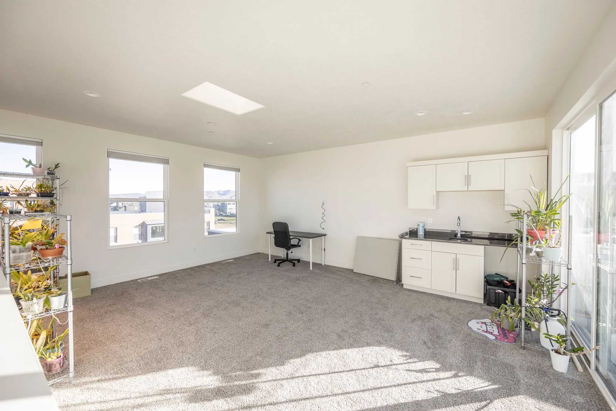 Spacious room with plush carpeting, a large skylight, multiple windows, a built-in wet bar with white cabinetry and dark countertops, and sliding glass door access