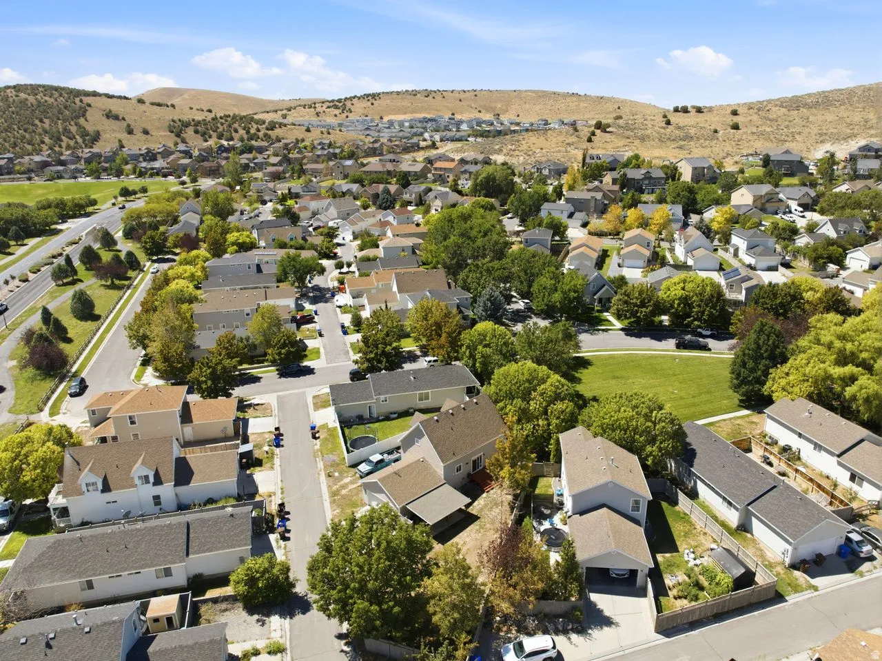 Residential neighborhood with a green space, mature trees, and mountainous backdrop