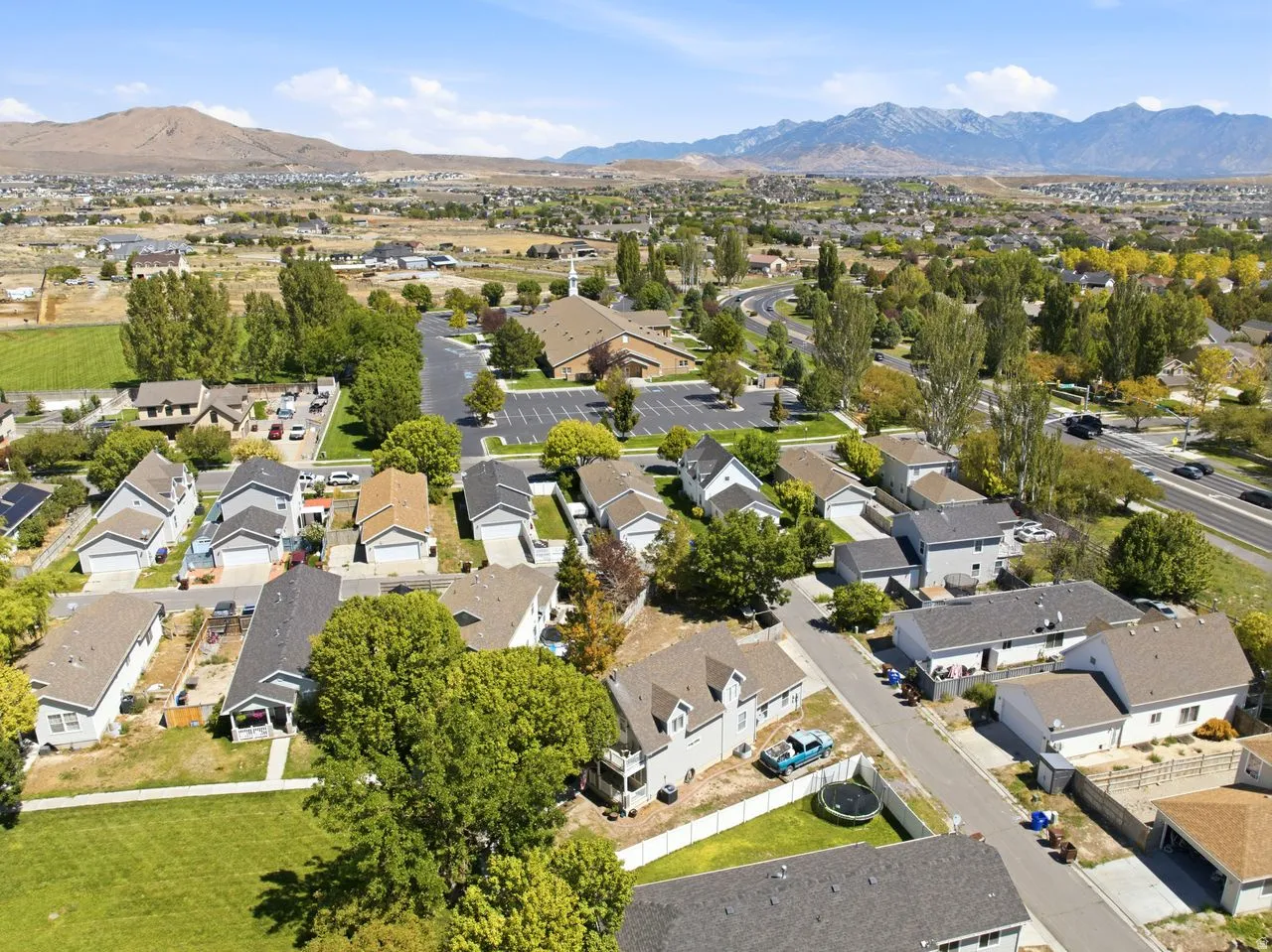 Residential development with varied rooflines and established landscaping