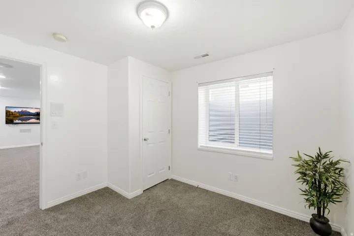 Plush grey carpeting, white interior paint, a window with horizontal blinds, and a flush mount ceiling light