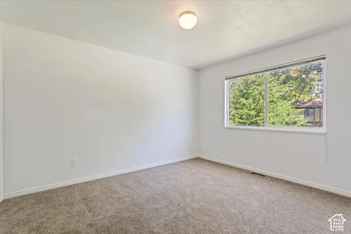 Spacious room with plush carpeting, neutral wall color, and a large window