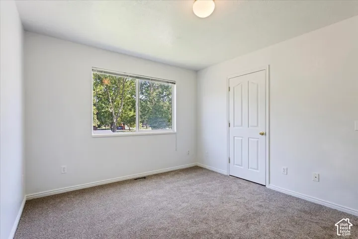 Neutral wall paint, carpet flooring, a large window, a ceiling-mounted light fixture, and a paneled interior door