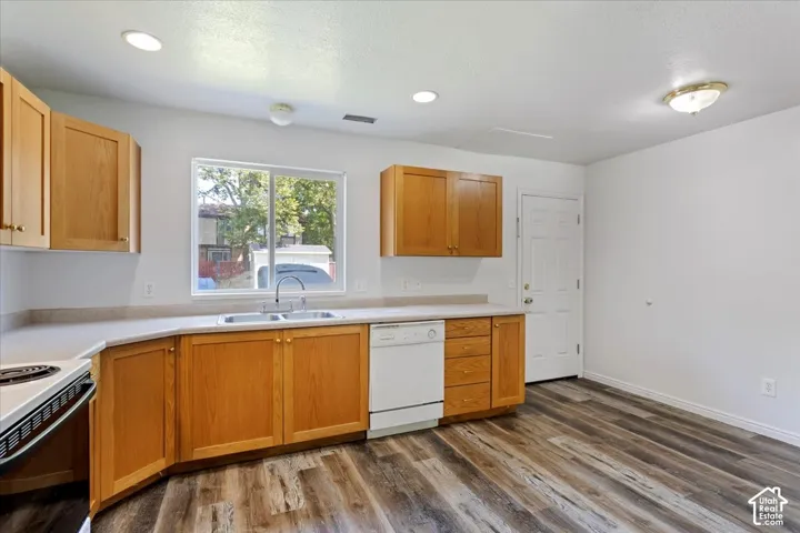 Kitchen featuring wood-finish flooring, wood cabinetry, light-colored countertops, a double basin sink, and a built-in dishwasher
