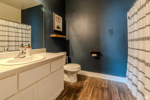 White vanity with integrated sink, wood-finish flooring, and a shower with a patterned curtain