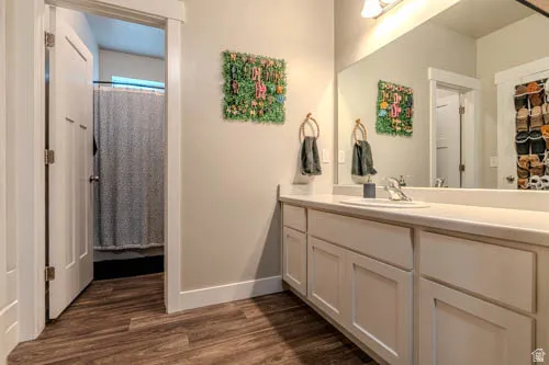 Bathroom featuring a vanity with an integrated sink, expansive mirror, wood-finish flooring, and a white paneled door