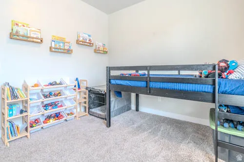 Versatile bedroom featuring a loft-style bed frame with blue bedding, carpet flooring, built-in shelving with storage cubbies, and ample natural light from windows