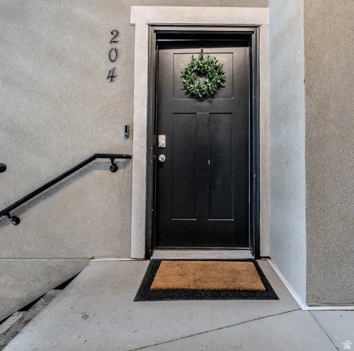 Black paneled door with modern hardware