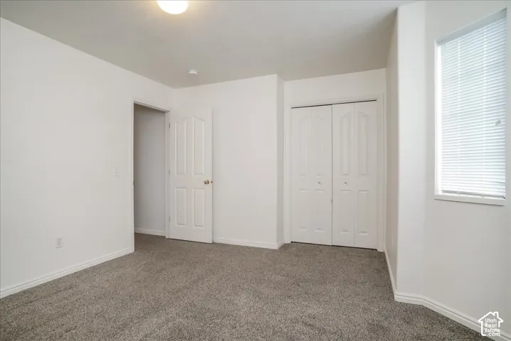 Plush carpet flooring, neutral paint palette, white trim, and a window with blinds