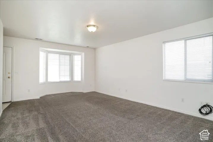 Neutral wall color, wall-to-wall carpeting, bay window, and overhead lighting fixture