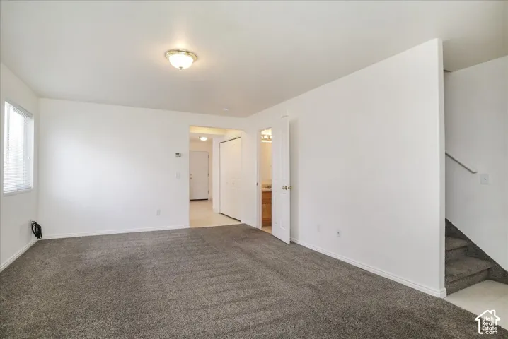 Carpeted living area with white walls and a ceiling-mounted light fixture