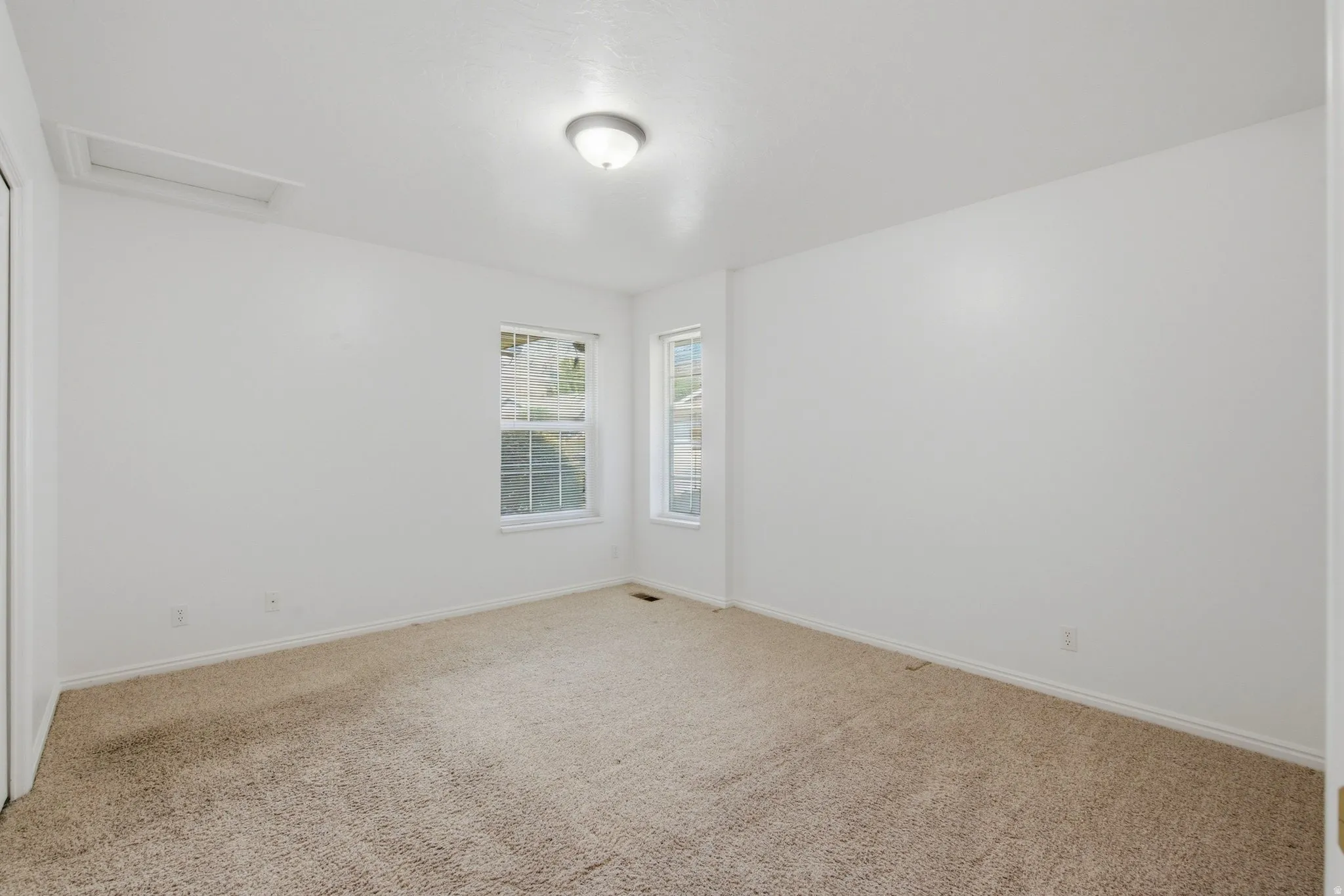 Carpeted flooring, white walls, two windows, and a ceiling-mounted light fixture