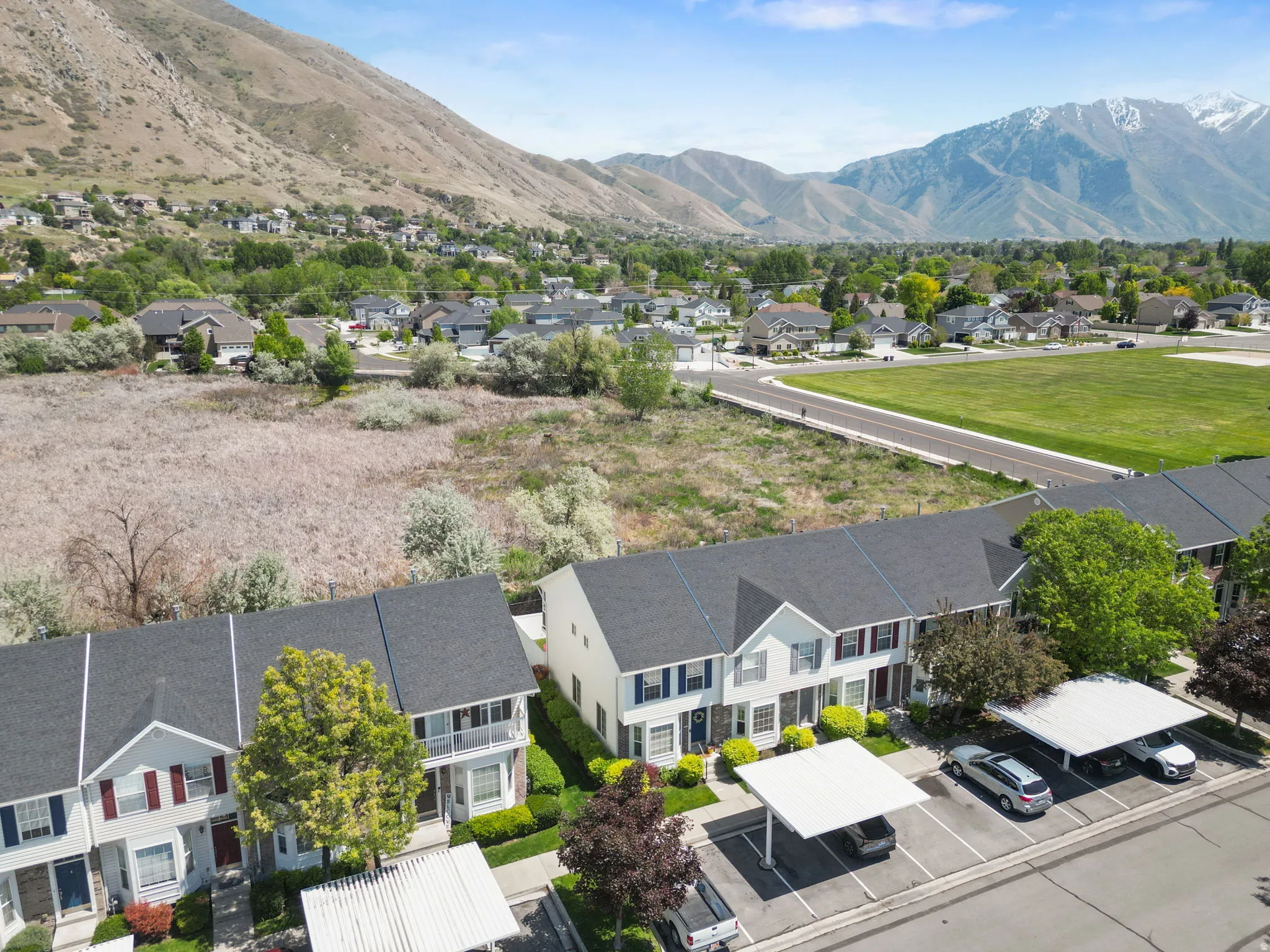 Townhome-style residences featuring dark shingle roofing and mountain scenery