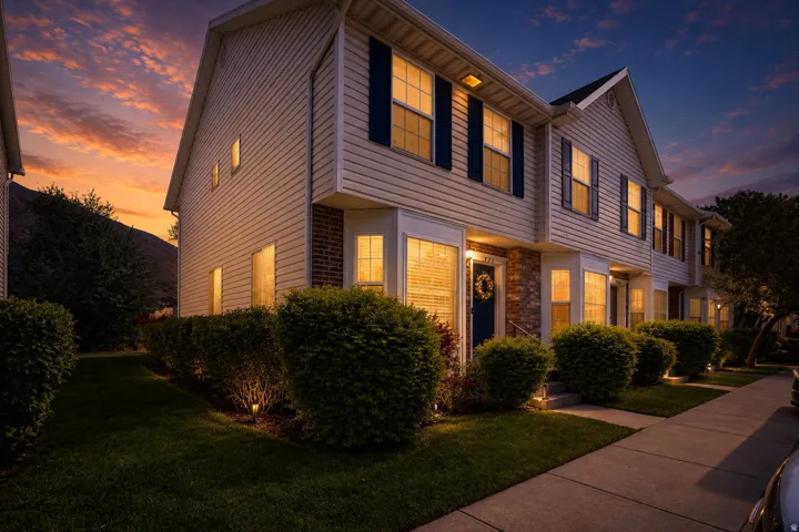 Siding exterior with brick accents, dark shutters, and a prominent front entry