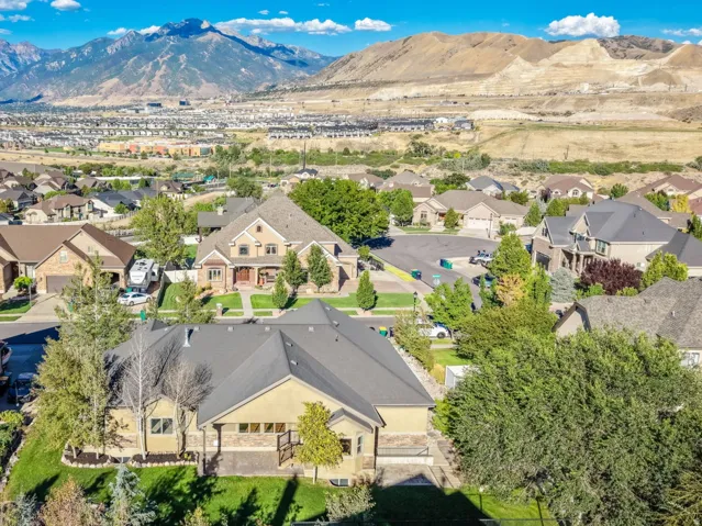 Aerial perspective of a residential neighborhood with varied architectural styles