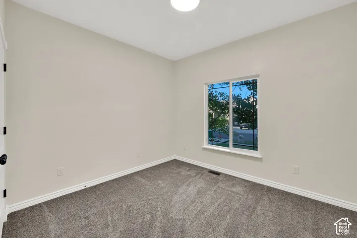 Neutral-toned wall paint, white trim, gray textured carpeting, and a white window frame with a single pane