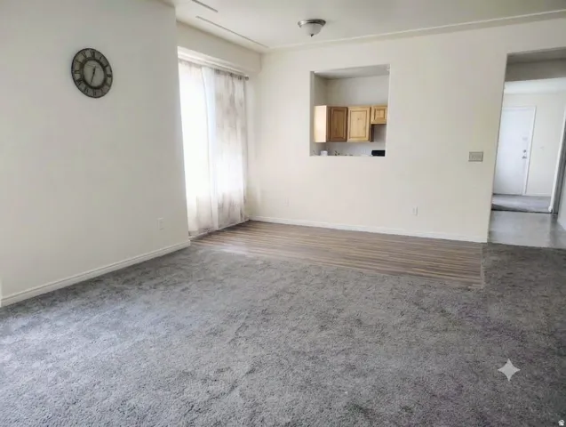 Open concept living space featuring carpet flooring, wood-finish flooring, a pass-through window, and light wood cabinetry