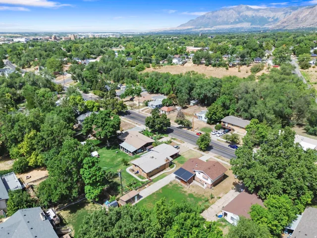 Aerial perspective showcasing a residential area with mature trees, established properties, and distant mountain ranges