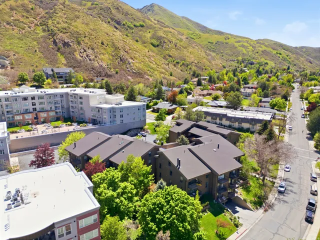 Mountain backdrop, residential neighborhood, multi-story buildings, mature trees, paved streets