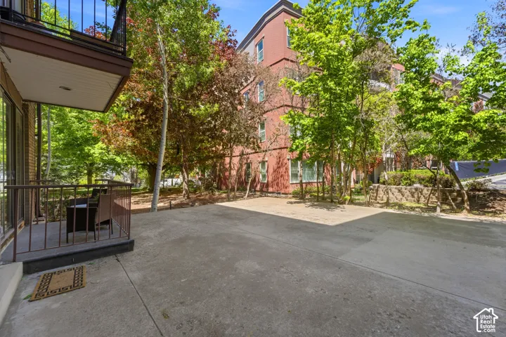Ground-level patio with concrete surfacing and metal railing
