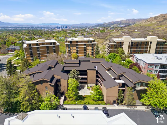 Multi-story residential buildings set against a backdrop of distant mountains and city