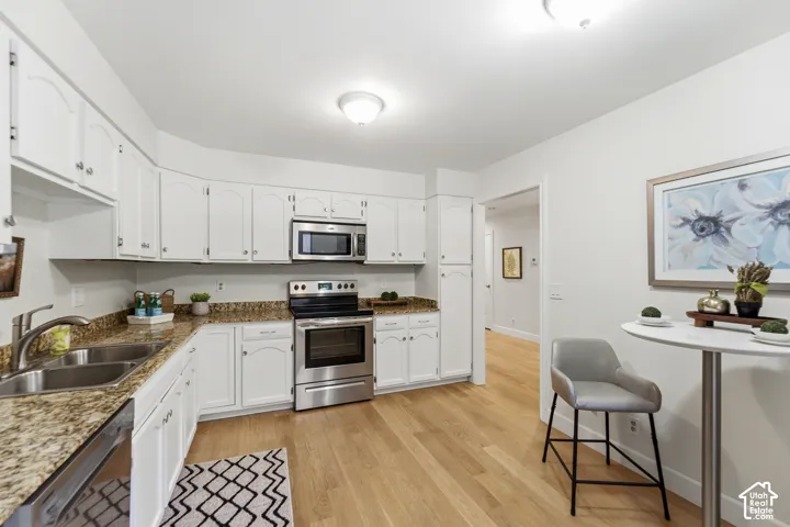 White cabinetry with curved door details, stainless steel appliances, dual basin sink, wood-finish flooring, and light-toned countertops