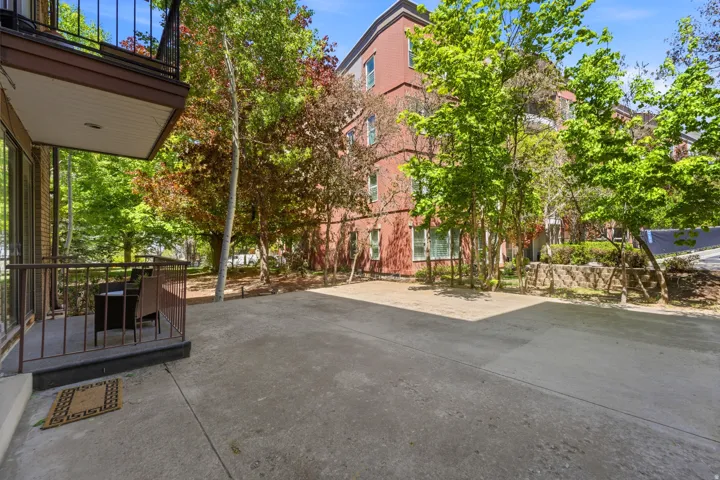 Ground-level patio with concrete surfacing and metal railing