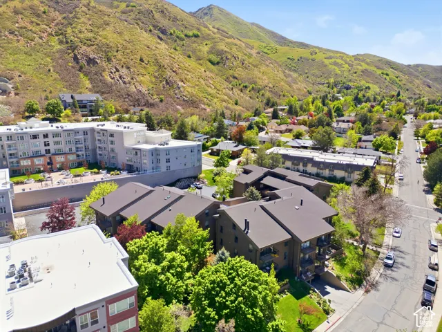 Mountain backdrop, residential neighborhood, multi-story buildings, mature trees, paved streets