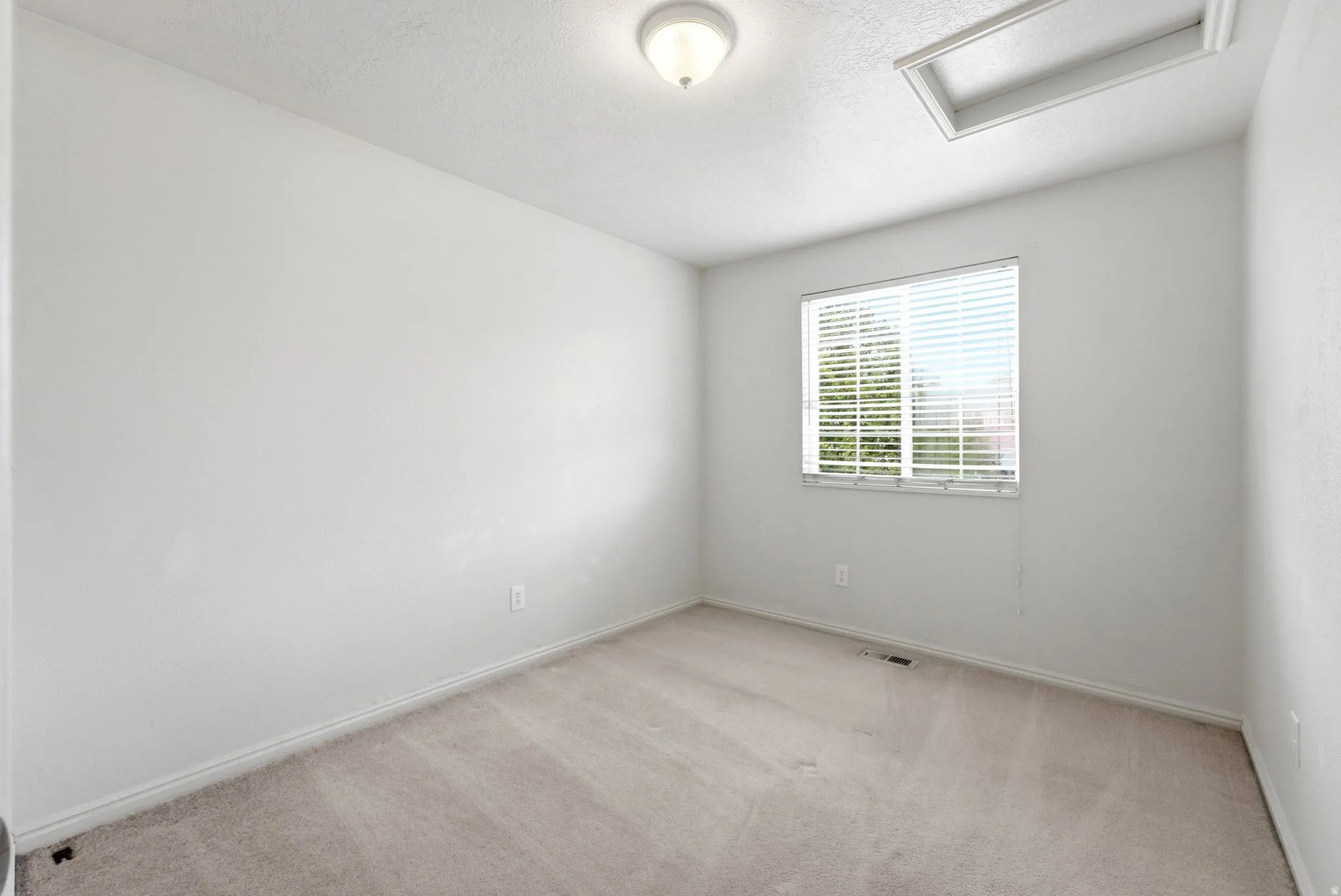 Carpeted flooring, single window with blinds, ceiling-mounted light fixture, white walls, attic access