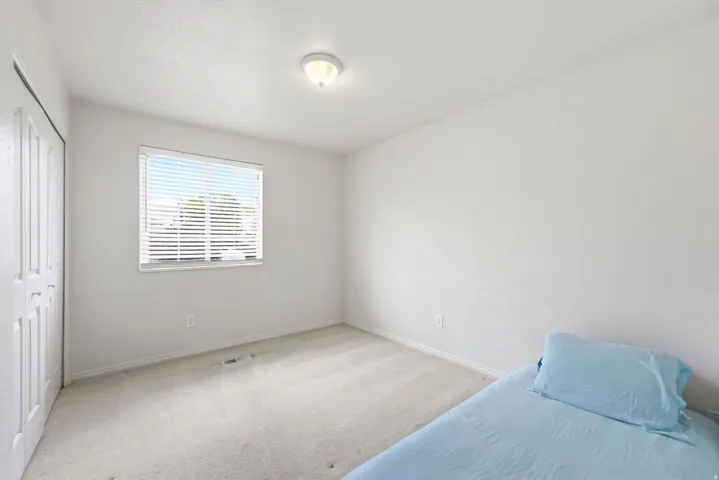 Neutral wall paint, light-toned carpet flooring, window with horizontal blinds, flush-mount ceiling light, and bi-fold closet doors