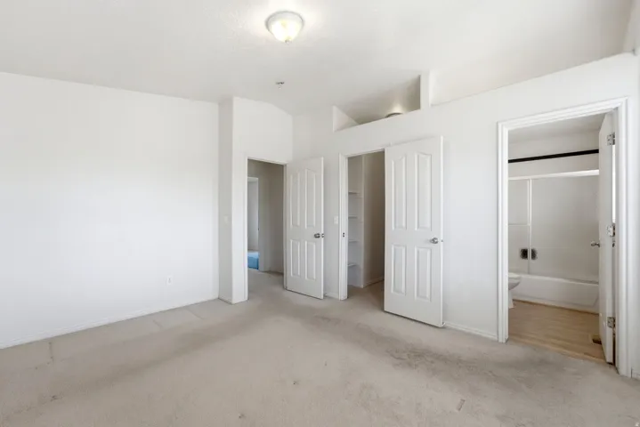 White interior walls, built-in closet with shelving, ceiling-mounted light fixture, carpeted flooring, and an adjoining bathroom with wood-finish flooring and a shower/tub combination