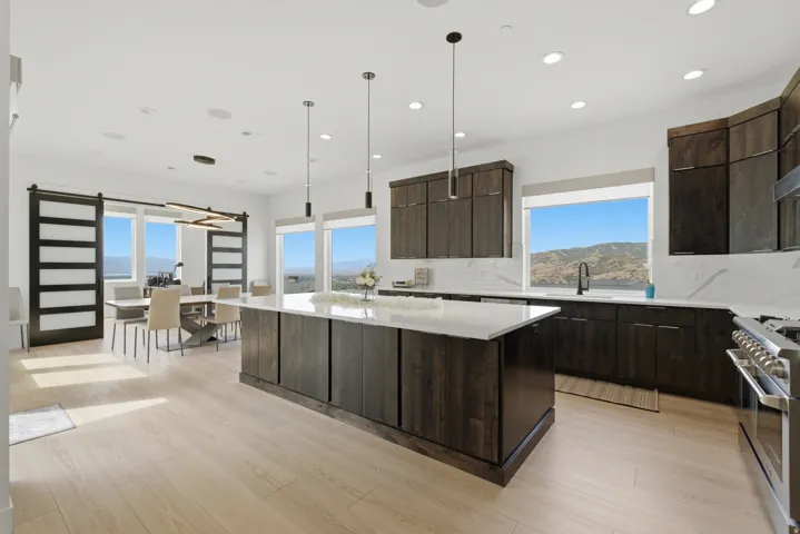 Open-concept kitchen with a large central island, light wood-finish flooring, dark wood cabinetry, and a stainless steel gas range