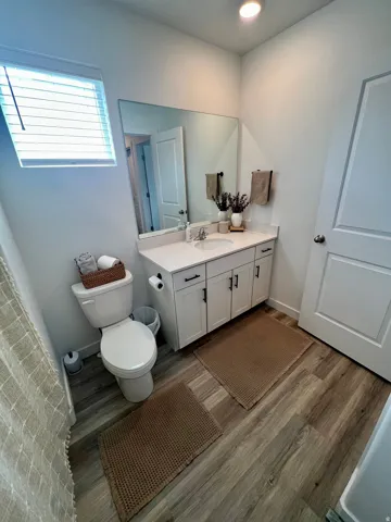 White vanity with an integrated sink, large wall-mounted mirror, wood-finish flooring, and a window with blinds