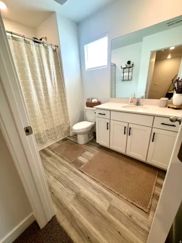Wood-finish flooring, single vanity with a white countertop, under-sink cabinetry, and an integrated mirror