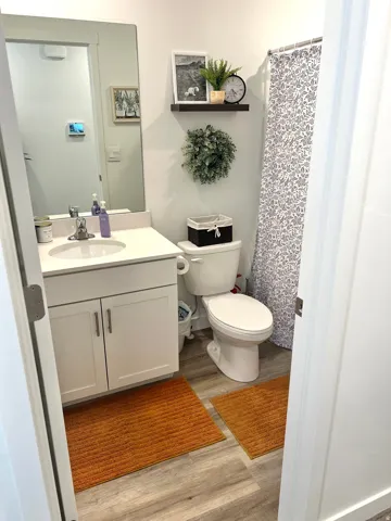 Vanity with an integrated sink, white cabinetry, wood-finish flooring, and a floating shelf