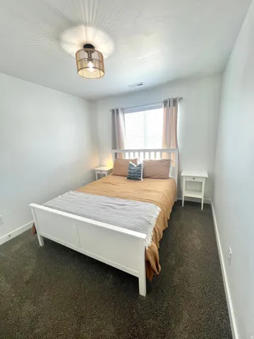 Recessed window with blinds and drapes, ceiling-mounted light fixture, and dark-toned carpeting