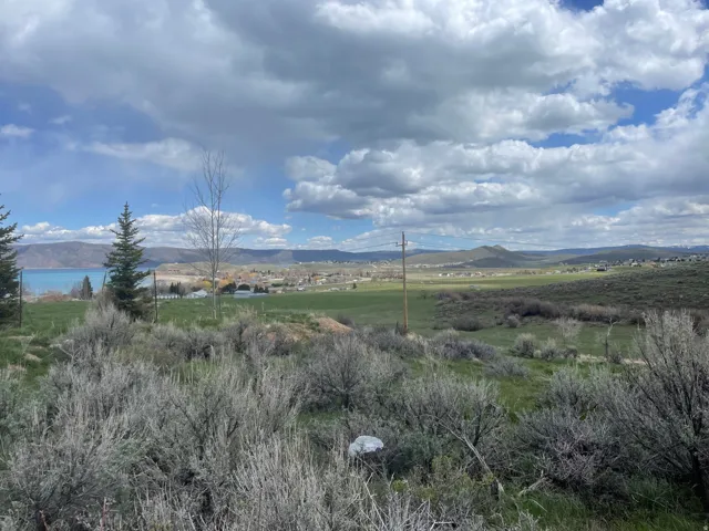 Expansive property featuring a tranquil lake, distant mountain range, and scattered coniferous trees