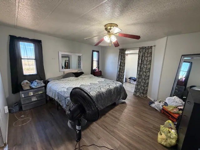 Wood-finish flooring throughout, multiple windows provide natural light, and a ceiling fan with integrated lighting