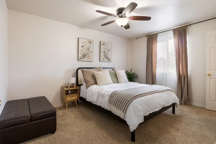 Wall-to-wall carpeting, window with curtain rods, ceiling fan, and painted walls
