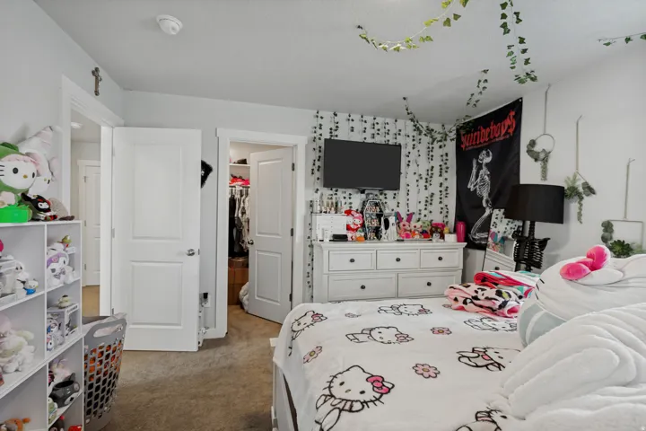 Carpeted flooring, white trim, and a built-in closet with double doors