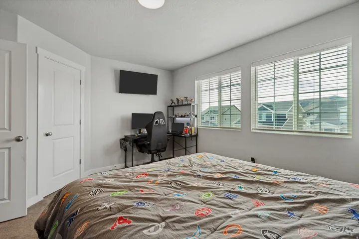Two windows with horizontal blinds, wall-mounted television, and a flush-mount ceiling light fixture