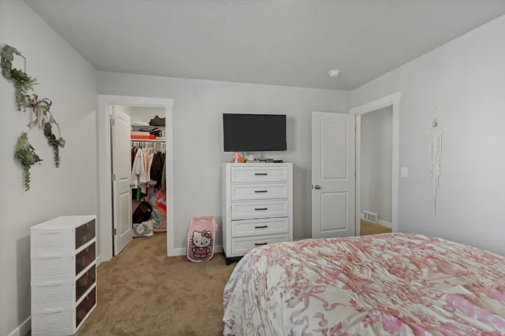 Neutral wall paint, carpet flooring, and white trim