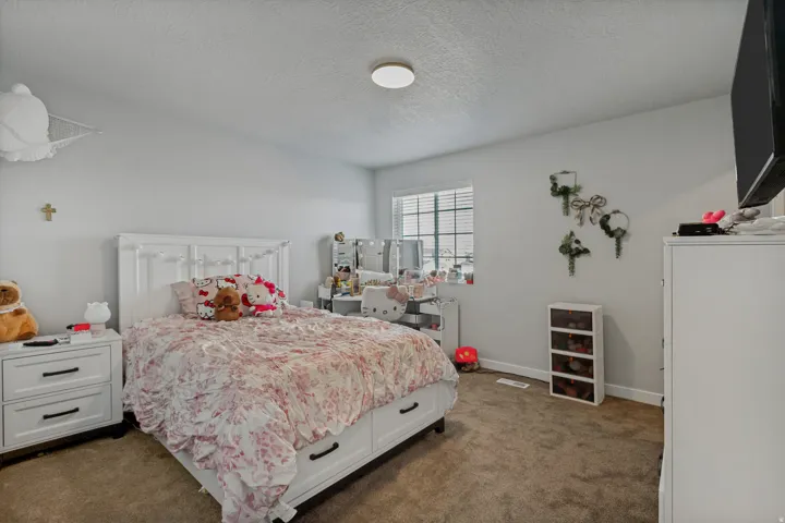 Neutral wall color, window with blinds, recessed ceiling light, and carpeted flooring