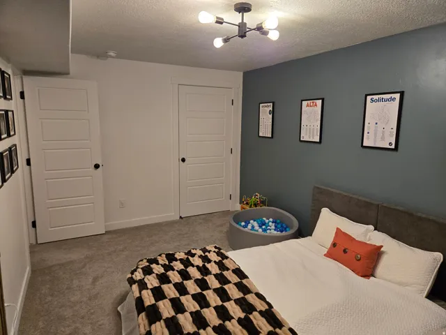 Recessed ceiling with a modern light fixture, two panel-style doors, and a carpeted floor