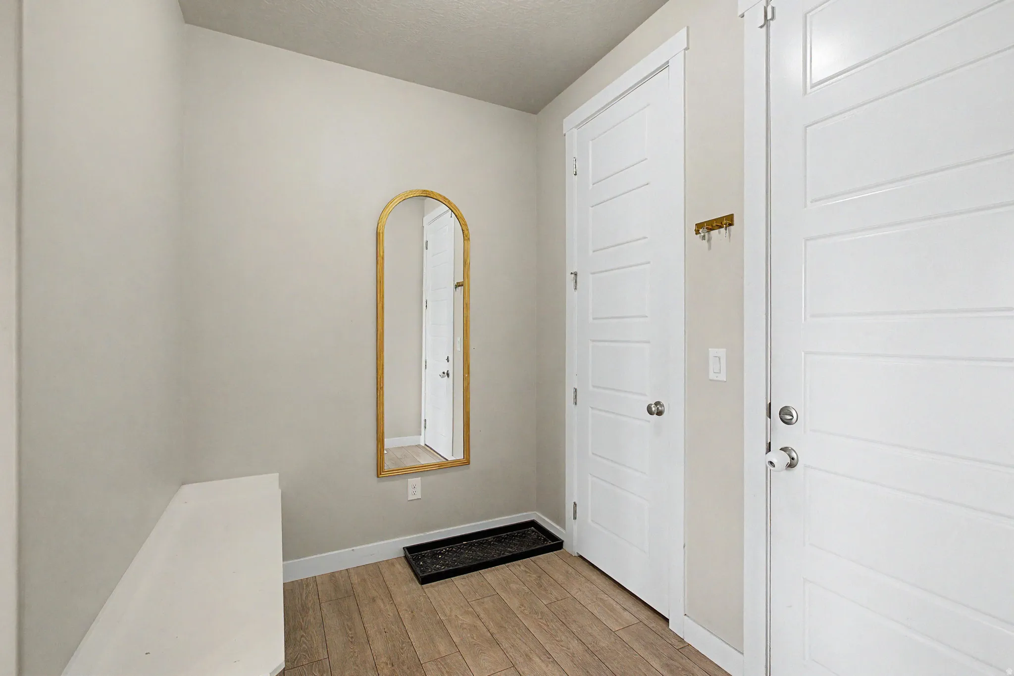 Light wood-finish flooring, white paneled doors, and a neutral wall color