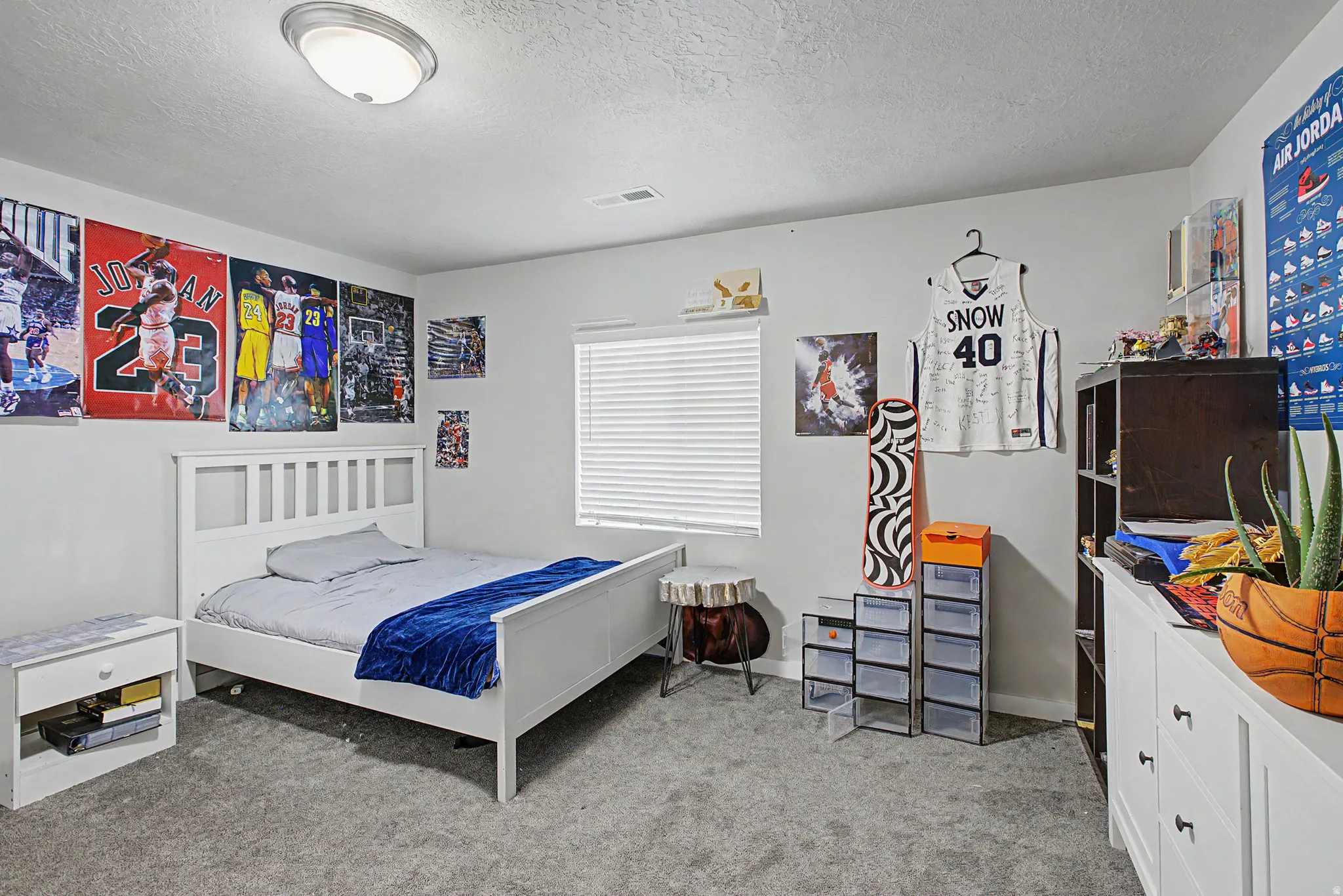 Neutral paint palette, built-in overhead lighting, window with horizontal blinds, grey carpet flooring, and white trim