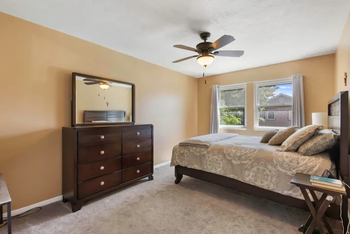 Plush carpet flooring, a ceiling fan, and dual windows with natural light