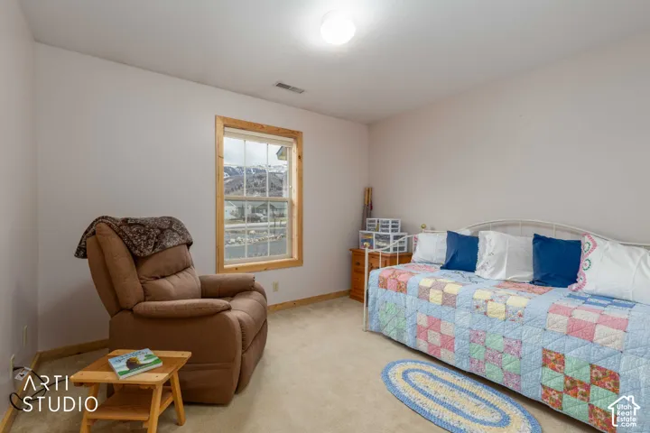 Light-toned carpeted flooring, window with natural wood trim, and a ceiling-mounted light fixture