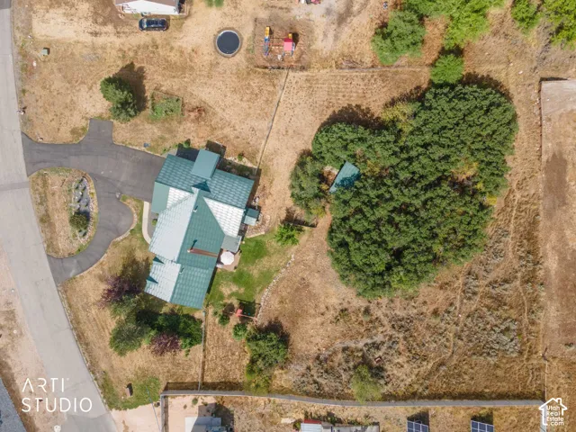 Paved driveway with a turnaround, multi-level home with a green roof, patio area, and mature trees